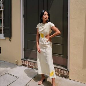 Fanm Mon Cream Midi Dress with Yellow Floral Details